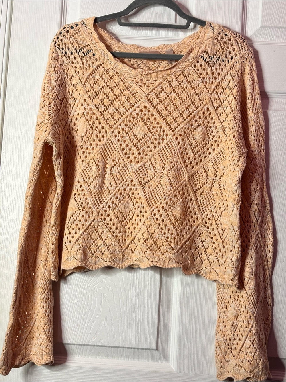 Willow Peach Open-Knit Crewneck Sweater